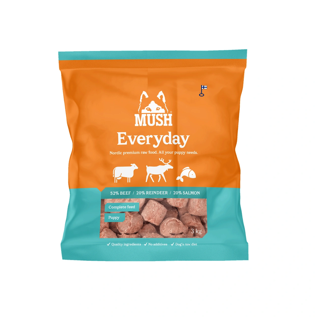 MUSH Everyday Isblå okse rensdyr laks 3 kg - råfoder til hvalpe